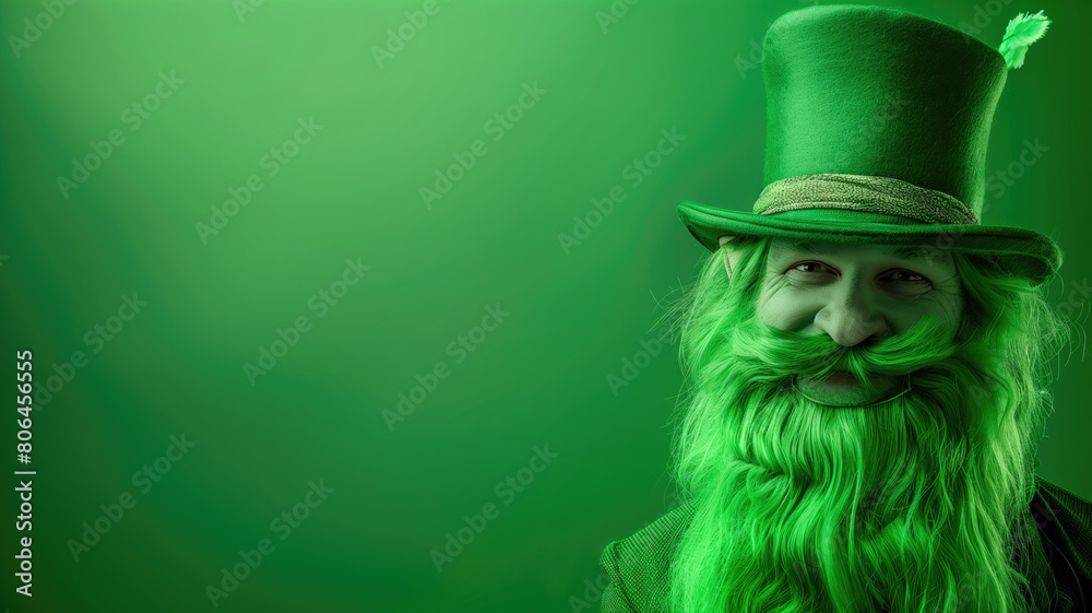 Person with green beard wearing top hat against background