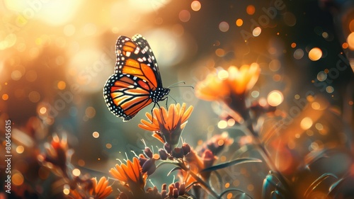 Monarch butterfly on orange flower amid sunlit, bokeh background