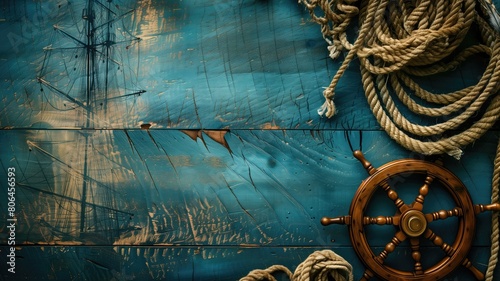 Nautical-themed background with ship's wheel and coiled rope on scratched wooden surface photo