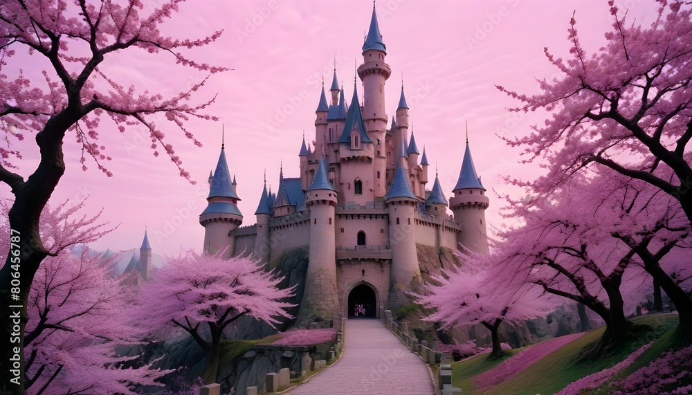 A fantasy castle with multiple towers and turrets surrounded by blooming cherry blossom trees, set against a pink and purple sky