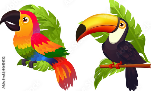 Tropical parrot and toucan on a branch. Vector illustration