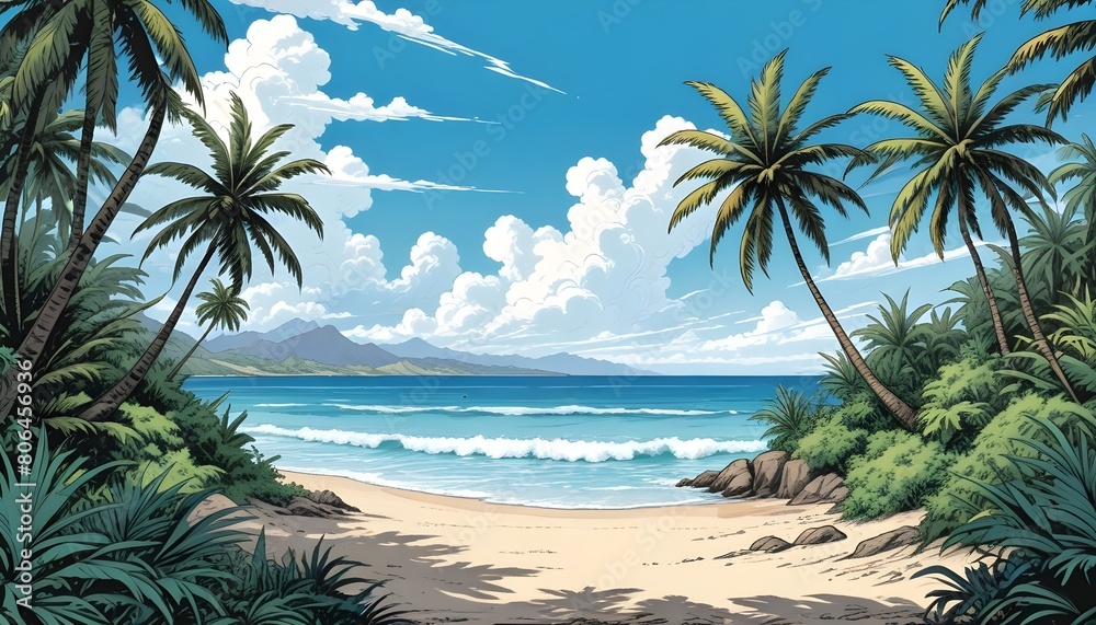 A tropical beach scene with palm trees, and a calm ocean under a blue sky with fluffy white clouds