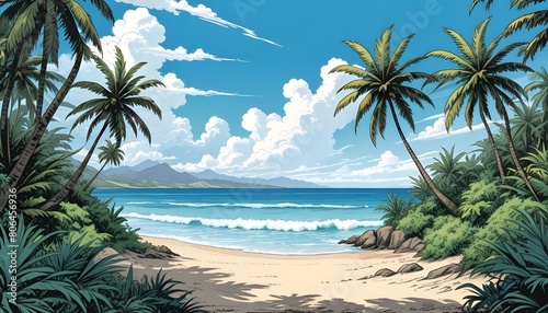 A tropical beach scene with palm trees  and a calm ocean under a blue sky with fluffy white clouds