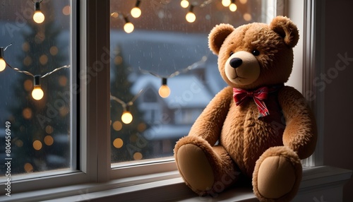 A brown teddy bear sitting on a windowsill with Christmas lights in the background, looking out the window on a rainy day