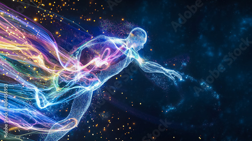 Cosmic Energy Flow: Dynamic Illustration of a Human Figure Made of Light Particles Stretching Through Space, Symbolizing Vitality and Spiritual Connectivity
