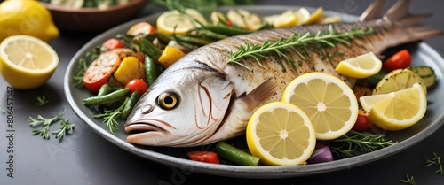 Grilled whole fish with lemon slices  herbs  and vegetables in the background