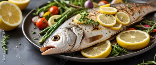 Grilled whole fish with lemon slices, herbs, and vegetables in the background