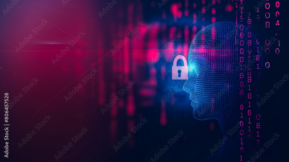 Digital Fortress: Conceptual Image of a Human Head Silhouette with Embedded Cybersecurity Features Amid Binary Code and Red Data Streams