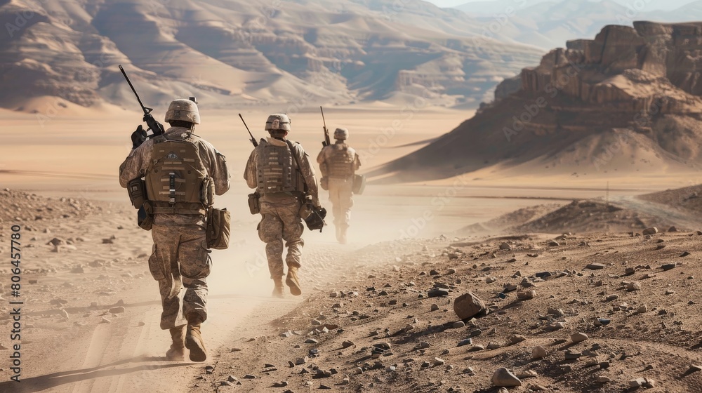 Military patrol moving with purpose across barren desert landscape Military patrol moving with purpose across barren desert landscape
