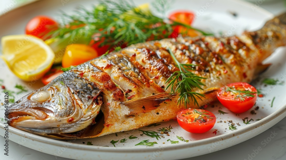 Fried Fish with Vegetables on a White Plate Fried Fish with Vegetables on a White Plate