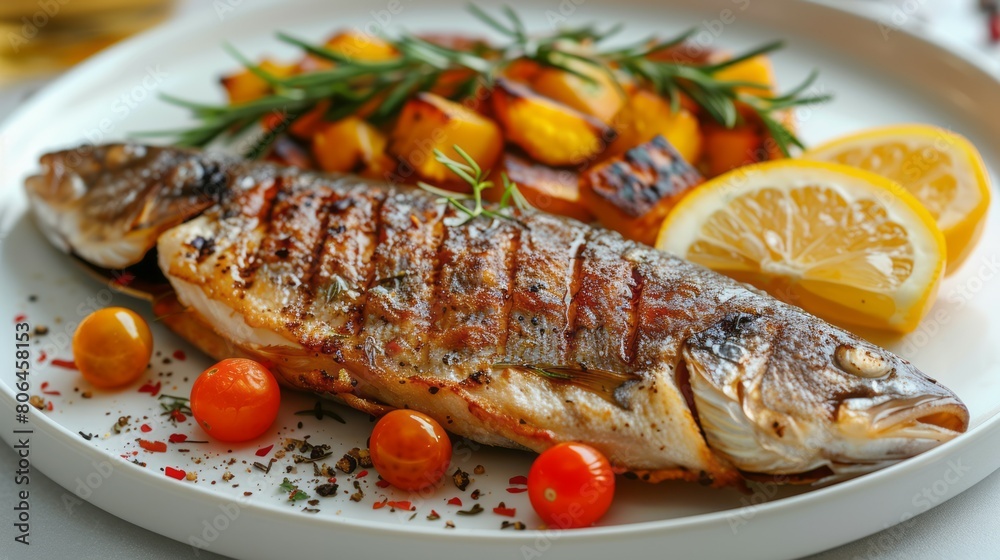 Fried Fish with Vegetables on a White Plate Fried Fish with Vegetables on a White Plate