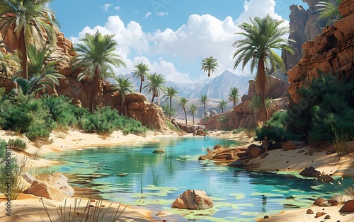 A desert oasis, where lush greenery flourishes amid the sandy expanse under a bright sun