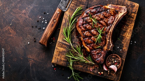 The T-bone or porterhouse steak of beef cut from the short loin. steaksT-shaped bone with meat on each side. banner, catering menu recipe place for text. photo