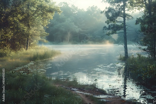 A peaceful lakeside scene  with mist rising from the water in the cool morning air