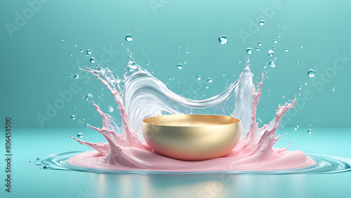 A gold bowl is in the middle of a splash of pink and white water photo
