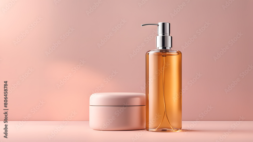 A bottle of perfume is next to a jar of cream A bottle of perfume is next to a jar of cream