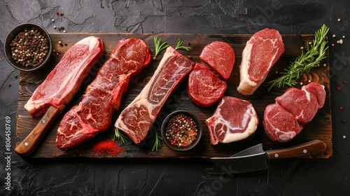 Variety of Raw Black Angus Prime meat steaks Machete, Blade on bone, New York, Rib eye, Tenderloin fillet mignon on wooden board and seasoning
