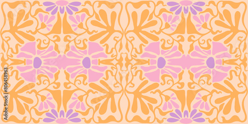 Groovy floral seamless tile in Matisse vibes. Trendy Naive Floral Vector Background in 1970s. art nouveau pattern. Can be used for Print on fabric, wrapping paper, wallpaper. © mila_okie