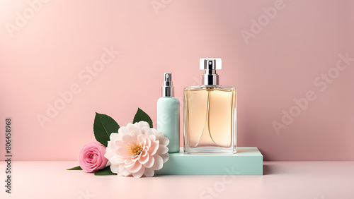 A bottle of perfume is displayed next to a bottle of perfume and a flower