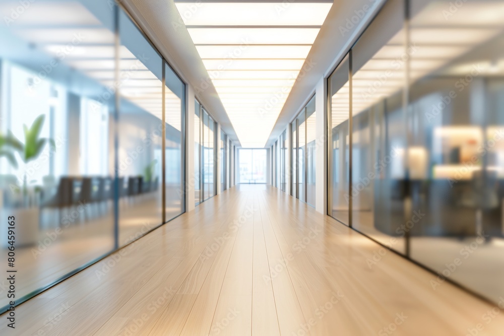 Obraz premium Illuminated Passage: A Sunlit Long Hallway with an Array of Glass Windows.