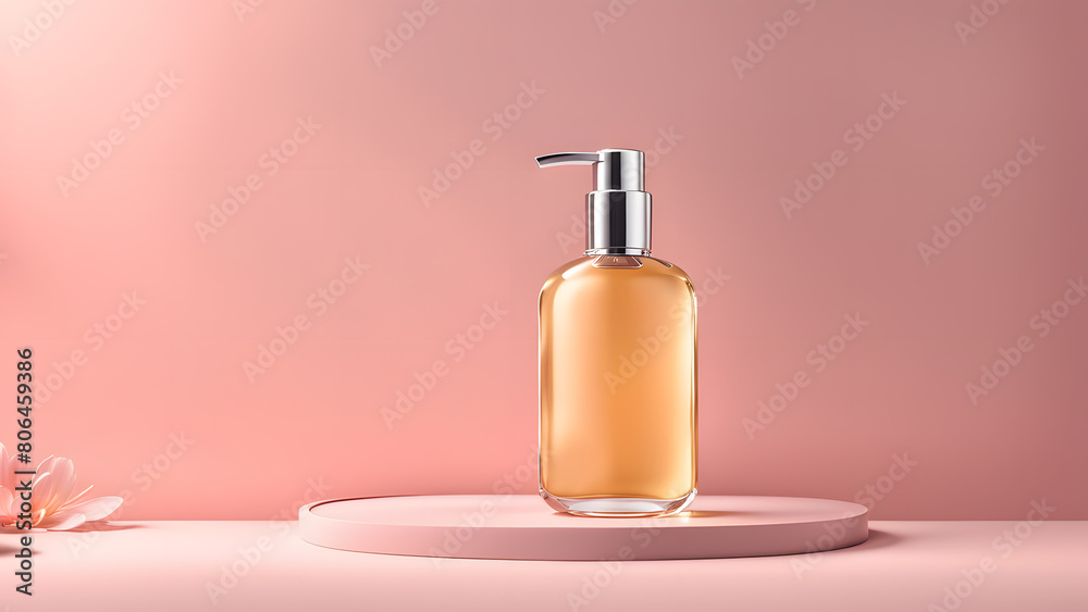 Fototapeta premium A bottle of perfume is sitting on a pink surface