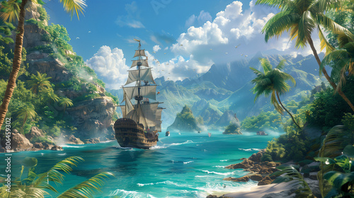 Caribbean island and pirate ship photo