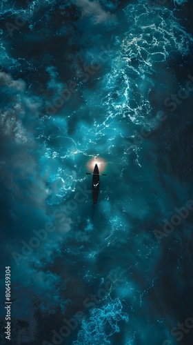 Small ship with lights sailing on the expanse of cloudy sea at night