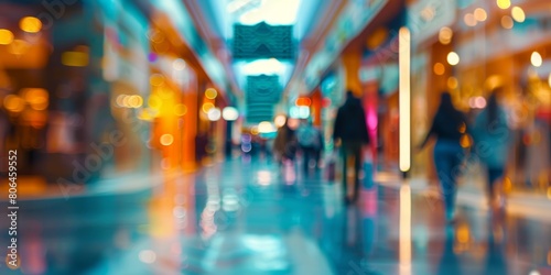 A blurry image of a busy shopping mall with people walking around