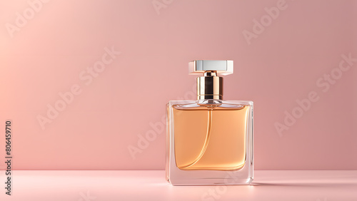 A bottle of perfume is sitting on a table