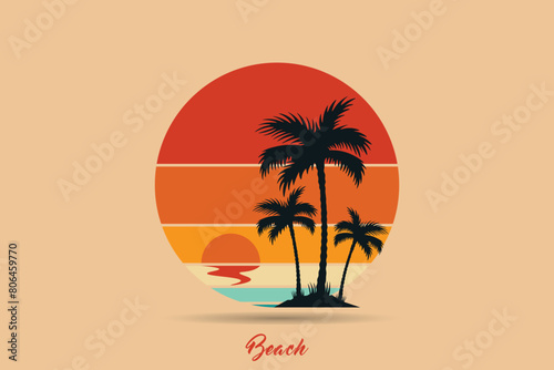 Retro beach logo, Retro Sunset Beach Logo in 80s and 90s style. Abstract sun in the background.