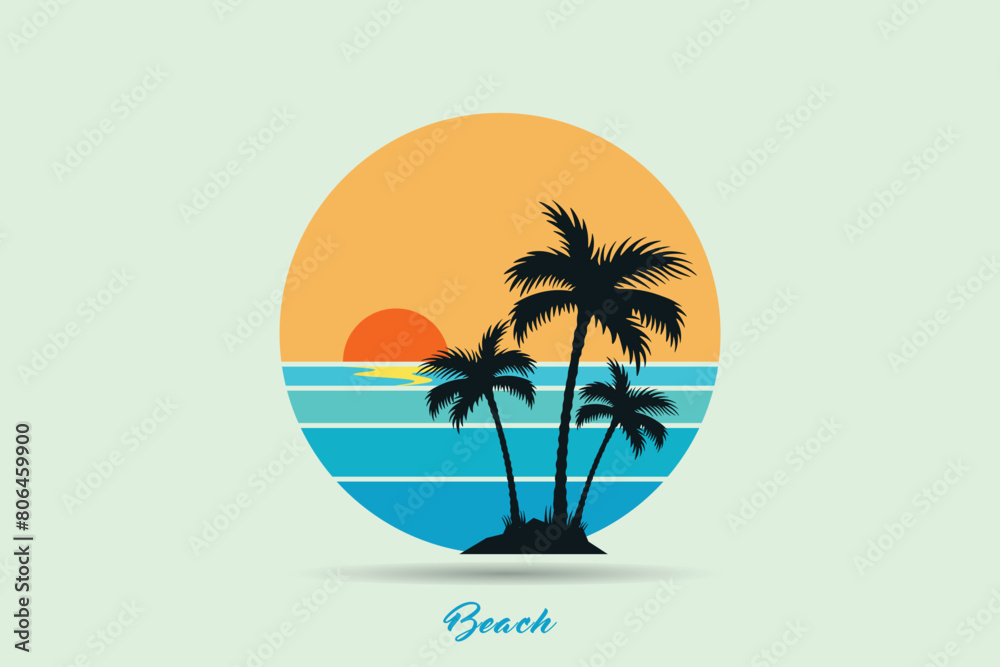 Retro beach logo, Retro Sunset Beach Logo in 80s and 90s style. Abstract sun in the background.