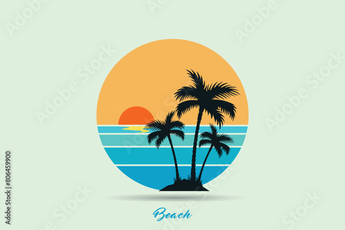 Retro beach logo, Retro Sunset Beach Logo in 80s and 90s style. Abstract sun in the background.