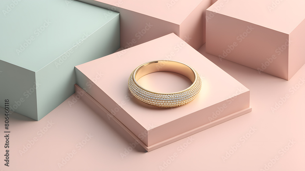 A gold and diamond ring is displayed on a pink background A gold and diamond ring is displayed on a pink background