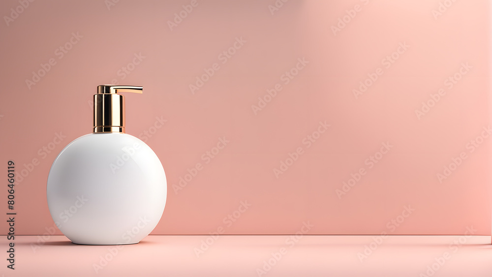 A white bottle of perfume sits on a pink background