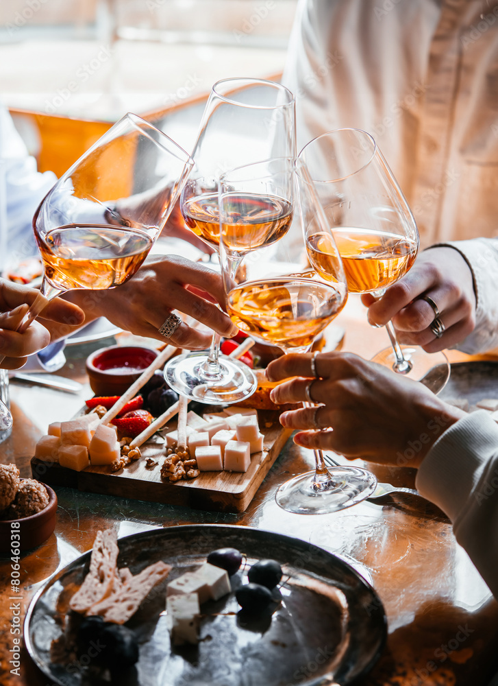 Friends having a dinner party with different kinds of appetizers and rose wine.
