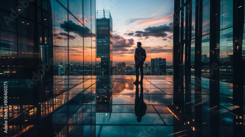 Businessman standing in front of office building and looking at the sunset