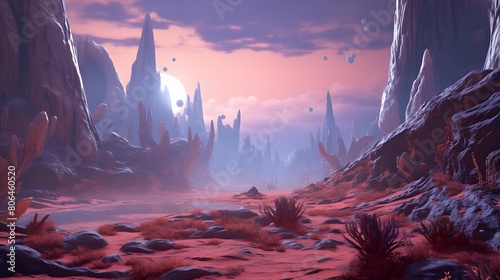 Fantasy alien planet. Mountain and lake. 3D illustration. #806460520