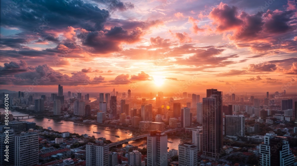 Aerial view of Bangkok cityscape at sunset time, Thailand.