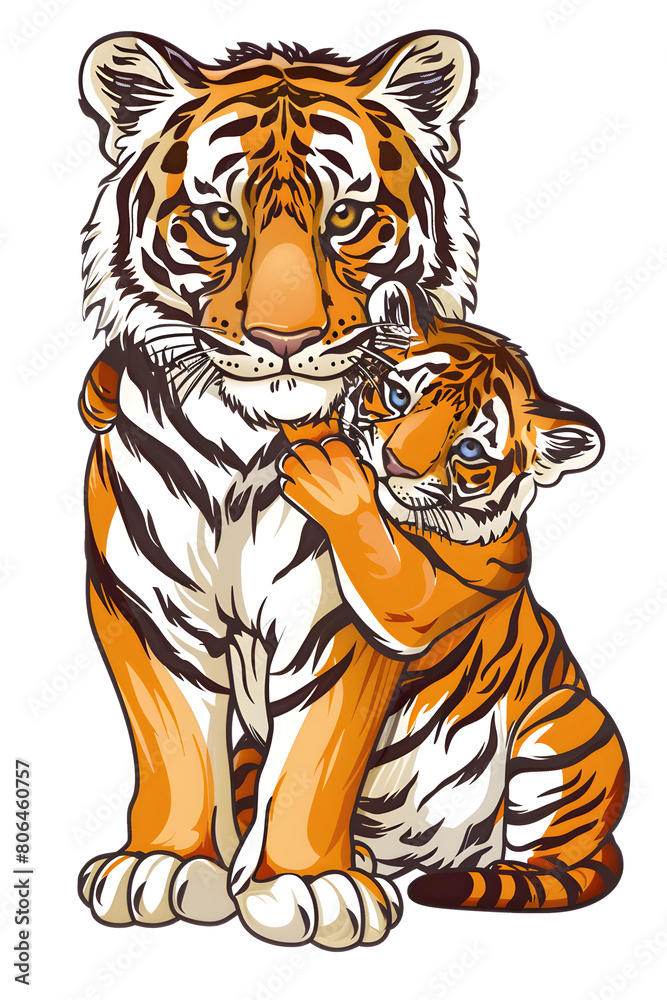 Fototapeta premium A cute cartoon tiger mother and cub