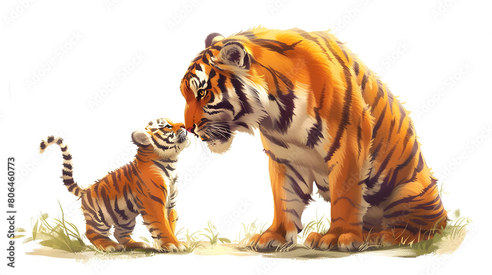 Obraz premium A cute cartoon tiger mother and cub