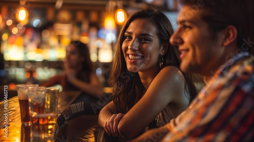 Portrait of smiling friends sitting at bar counter in pub and talking