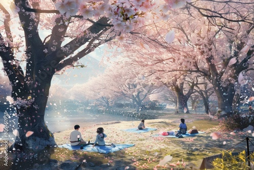 Serene Hanami Festival Scene with People Enjoying Cherry Blossoms Picnic by a Lake under a Sakura Tree