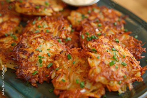 Traditional Potato Latkes Served During Hanukkah, Fried Golden with Applesauce and Sour Cream