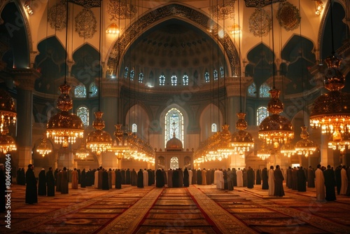 Prayer in the Mosque with Believers Performing Namaz in a Hall Adorned with Islamic Ornaments