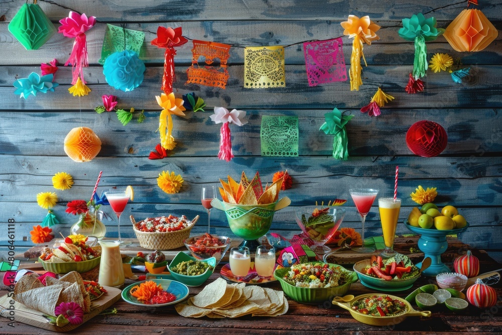 Fototapeta premium Vibrant Cinco de Mayo Celebration Setup with Pinatas, Papel Picado, and Traditional Mexican Food