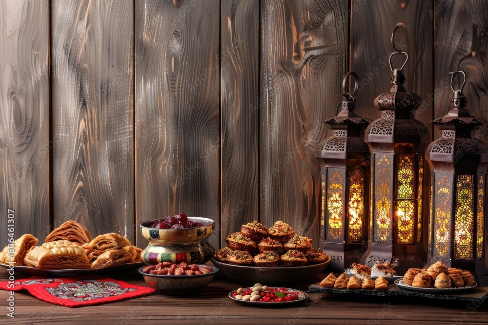 Eid al-Fitr celebration display with traditional sweets, lanterns, prayer mats, and dates on wooden background