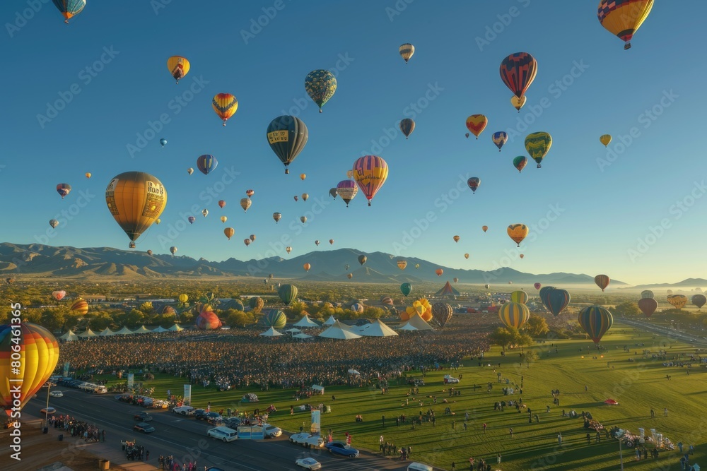 Obraz premium Sunset Hot Air Balloon Festival Over Deserted Mountain Landscape with Diverse Vibrant Balloon Designs