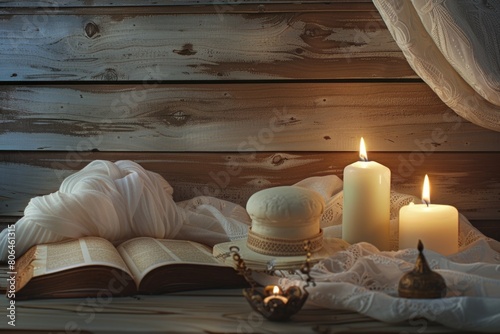 Yom Kippur holiday display with tallit, prayer book, lit candles, and white kippah on wooden background photo