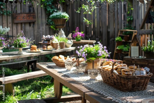 Garden party setup with floral centerpieces and wicker baskets of treats against a wooden fence