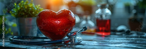 A red heart with a stethoscope wrapped around it, lying amongst medical instruments